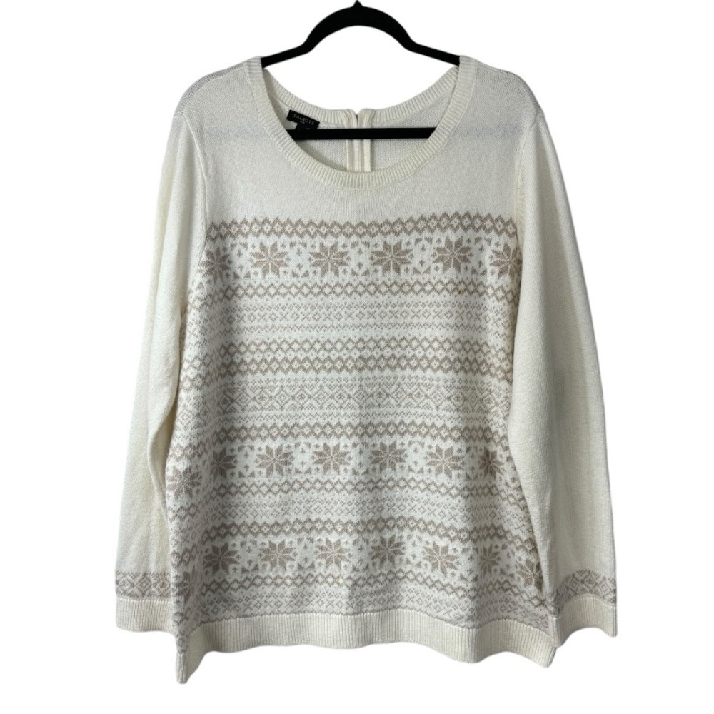 Talbots Size 2X Cream Gold Shimmer Snowflakes Fair Isle Stripes Cozy Sweater
